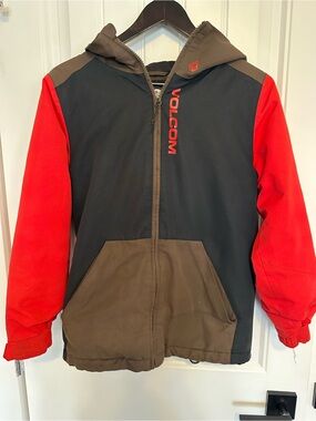 Boys Volcom Black, Red & Brown Hooded Zip-Up Winter Jacket